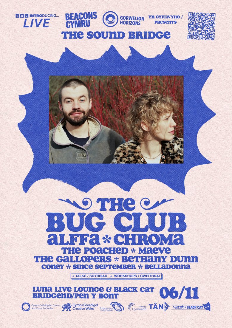 official poster for the sound bridge: the bug club, alffa, chroma, the poached, maeve, the gallopers, bethany dunn, coney, since september, belladonna. black cat, bridgend, 06/11